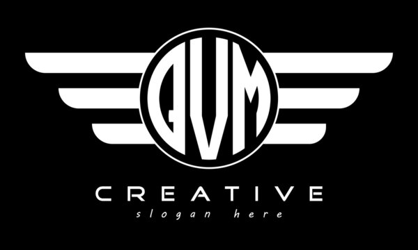 QVM three letter monogram type circle letter logo with wings vector template.	