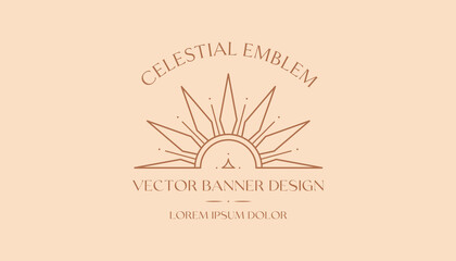 Vector bohemian logo design with sun or moon and light rays.Boho linear icon or symbol in trendy minimalist style.Modern celestial emblem.Branding design,website banner,social media template.