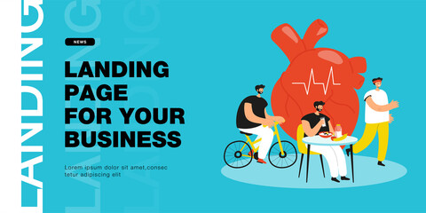 People following healthy lifestyle vector illustration. Men riding bicycle, running, eating healthy food. Huge human heart in background. Sport, diet, science concept for promotional poster