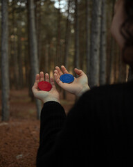 Person woman holding magnets for biomagnetism in the forest