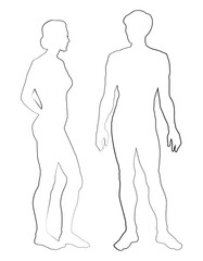 Male and female stands sideways. Vector drawing