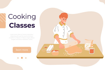 Cooking class vector banner. Culinary school, workshop or blog backdrop. People cooking at kitchen. Woman at kitchen rolling dough. Cheerful girl baking pie or cookies