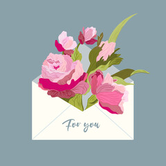 Bouquet of spring flowers inside the envelope and phrase for you. Love letter. Hand drawn trendy vector greeting card