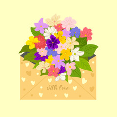 Bouquet of spring flowers inside the envelope and phrase with love. Love letter. Hand drawn trendy vector greeting card