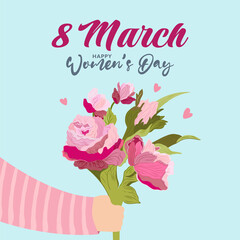 International Women's Day. 8 march. Vector template for card, poster, flyer or greeting card. Hand drawn arm holding a bunch of flowers