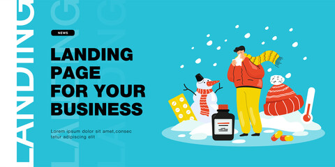 Naklejka premium Sick cartoon man in winter clothes sneezing into tissue. Male character with cold outdoors, low temperature, drugs flat vector illustration. Pharmacy, health, treatment concept for banner