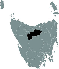 Black flat blank highlighted location map of the MEANDER VALLEY AREA inside gray administrative map of areas of the Australian state of Tasmania, Australia