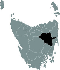 Black flat blank highlighted location map of the NORTHERN MIDLANDS AREA inside gray administrative map of areas of the Australian state of Tasmania, Australia