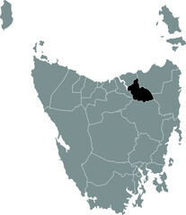 Black flat blank highlighted location map of the LAUNCESTON AREA inside gray administrative map of areas of the Australian state of Tasmania, Australia