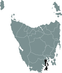 Black flat blank highlighted location map of the KINGBOROUGH AREA inside gray administrative map of areas of the Australian state of Tasmania, Australia