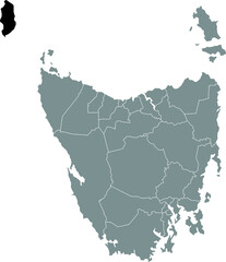 Black flat blank highlighted location map of the KING ISLAND AREA inside gray administrative map of areas of the Australian state of Tasmania, Australia