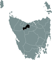Black flat blank highlighted location map of the KENTISH AREA inside gray administrative map of areas of the Australian state of Tasmania, Australia