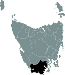 Black flat blank highlighted location map of the HUON VALLEY AREA inside gray administrative map of areas of the Australian state of Tasmania, Australia