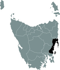 Black flat blank highlighted location map of the GLAMORGAN–SPRING BAY AREA inside gray administrative map of areas of the Australian state of Tasmania, Australia