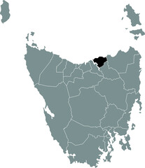 Black flat blank highlighted location map of the GEORGE TOWN AREA inside gray administrative map of areas of the Australian state of Tasmania, Australia