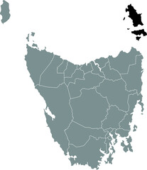 Black flat blank highlighted location map of the FLINDERS AREA inside gray administrative map of areas of the Australian state of Tasmania, Australia