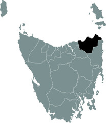 Black flat blank highlighted location map of the DORSET AREA inside gray administrative map of areas of the Australian state of Tasmania, Australia