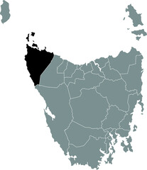 Black flat blank highlighted location map of the CIRCULAR HEAD AREA inside gray administrative map of areas of the Australian state of Tasmania, Australia
