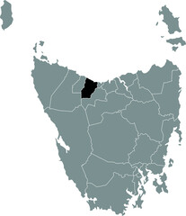 Black flat blank highlighted location map of the CENTRAL COAST AREA inside gray administrative map of areas of the Australian state of Tasmania, Australia