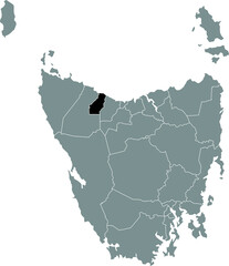 Black flat blank highlighted location map of the BURNIE AREA inside gray administrative map of areas of the Australian state of Tasmania, Australia