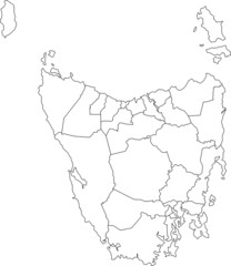White flat blank vector administrative map of local government areas of the Australian state of TASMANIA, AUSTRALIA with black border lines of its areas