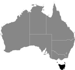 Black flat blank highlighted locator administrative map of the Australian state of TASMANIA inside gray flat map of AUSTRALIA