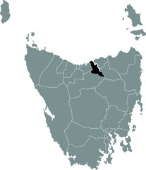 Black flat blank highlighted location map of the WEST TAMAR AREA inside gray administrative map of areas of the Australian state of Tasmania, Australia