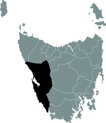 Black flat blank highlighted location map of the WEST COAST AREA inside gray administrative map of areas of the Australian state of Tasmania, Australia