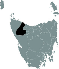 Black flat blank highlighted location map of the WARATAH–WYNYARD AREA inside gray administrative map of areas of the Australian state of Tasmania, Australia