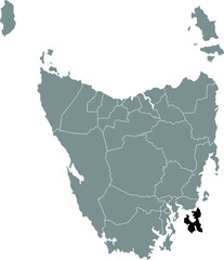 Black flat blank highlighted location map of the TASMAN AREA inside gray administrative map of areas of the Australian state of Tasmania, Australia