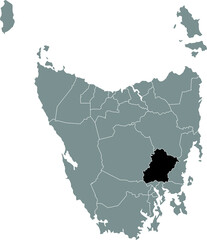 Black flat blank highlighted location map of the SOUTHERN MIDLANDS AREA inside gray administrative map of areas of the Australian state of Tasmania, Australia