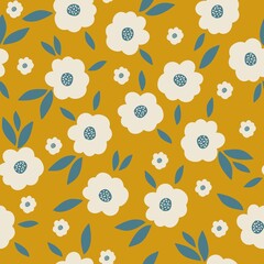 Seamless vintage pattern. White flowers and blue leaves . Yellow background. vector texture. fashionable print for textiles, wallpaper and packaging.