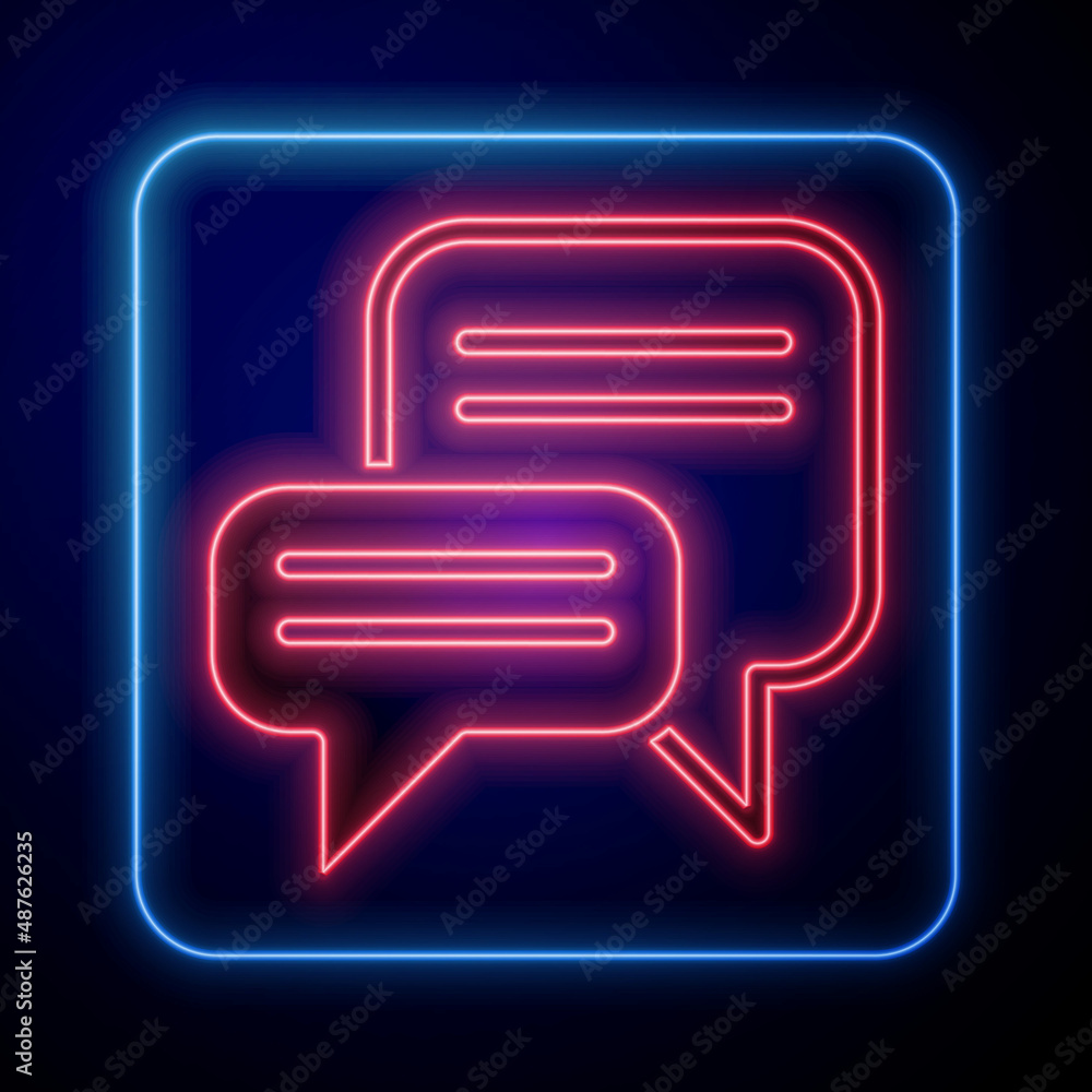 Poster glowing neon speech bubble chat icon isolated on black background. message icon. communication or co