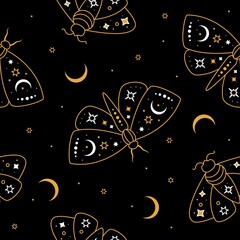 Vector seamless pattern. Celestial gold outline butterfly and moon with stars. Mystical insect luna moth, moon, stars on black background. - obrazy, fototapety, plakaty