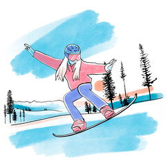 Snowboard girl in sportswear jumping on the slopes cartoon illustration