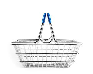 Empty shopping basket isolated on white background. Retail store equipment. 