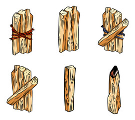 Set of Palo Santo. Holy wood tree aroma sticks from Latin America. Smudge burning incense bundle stock vector image collection