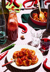 spicy tomato and pepper homemade pasta for lunch on a red framework table 