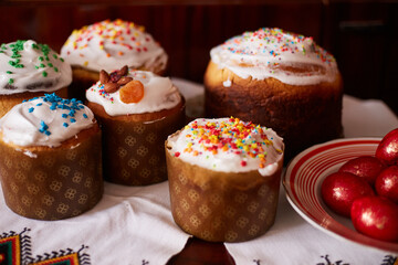 Easter sweet bread Orthodox kulich, paska and painted eggs. Prepearing for traditional Easter in Ukraine.