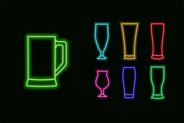 Vector illustration on the theme of neon glow. Set of different types of beer glasses in neon line style on a dark background. Neon objects for designing signboards for retail outlets, bars, pubs.