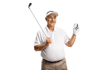 Mature man smiling and holding a ball and a golf club