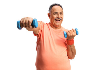 Fototapeta na wymiar Cheerful mature man exercising with dumbbells