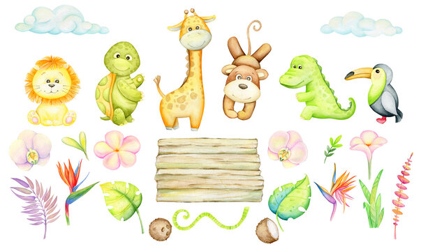 Lion, turtle, giraffe, monkey, alligator, toucan, plants, flowers. Watercolor set of elements, on an isolated background.