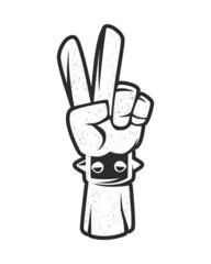 Vintage black and white stylized hand gesture V sign for victory or peace line art vector icon for apps and websites