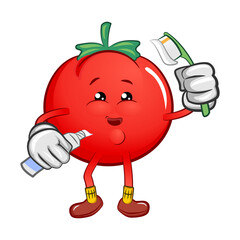 cartoon tomato with toothpaste and toothbrush