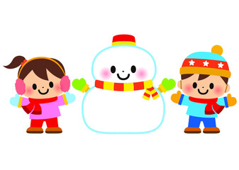 雪だるま,雪,冬,子供,１月,２月,１２月,人物,保育園,幼稚園,小学校,小学生,子供向け,イラスト,1月,2月,12月,子ども,人,雪だるま作り,子供達,幼児,園児,学生,男,女,男の子,女の子,男児,友達,仲間,クラスメイト,全身,冬休み,かわいい,長靴,ニット帽子,手袋,マフラー,耳当て,笑顔,遊ぶ,児童,寒い,楽しい,雪遊び,冬服,帽子,ゆきだるま