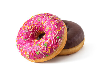 Two donuts with strawberry and chocolate glaze on a white background
