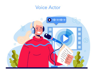Voice actor concept. Actor dubbing or voicing over a cartoon, movie - obrazy, fototapety, plakaty