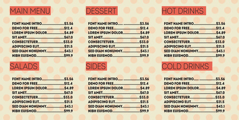 Menu for restaurant or caf&eacute; in fancy font and bright, vibrant colors like orange, yellow and red. Includes main menu course, salads, sides, hot, cold drinks, soft drinks and desserts. 
