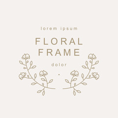 Elegant blossom floral frame. Logo template in minimal linear style with flowers. Botanical trendy vector illustration for labels, 
branding business identity, wedding invitation